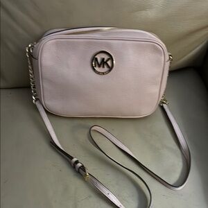 Michael Kors Pink Crossbody Bag with Gold Logo and Adjustable Strap